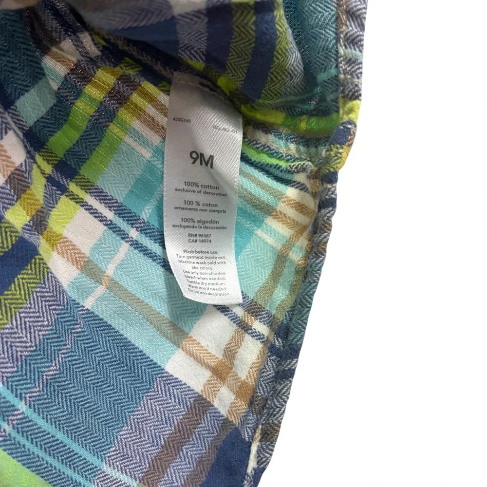 OshKosh B'gosh Plaid Flannel Blue Green Button Down Long Sleeve Shirt 9M